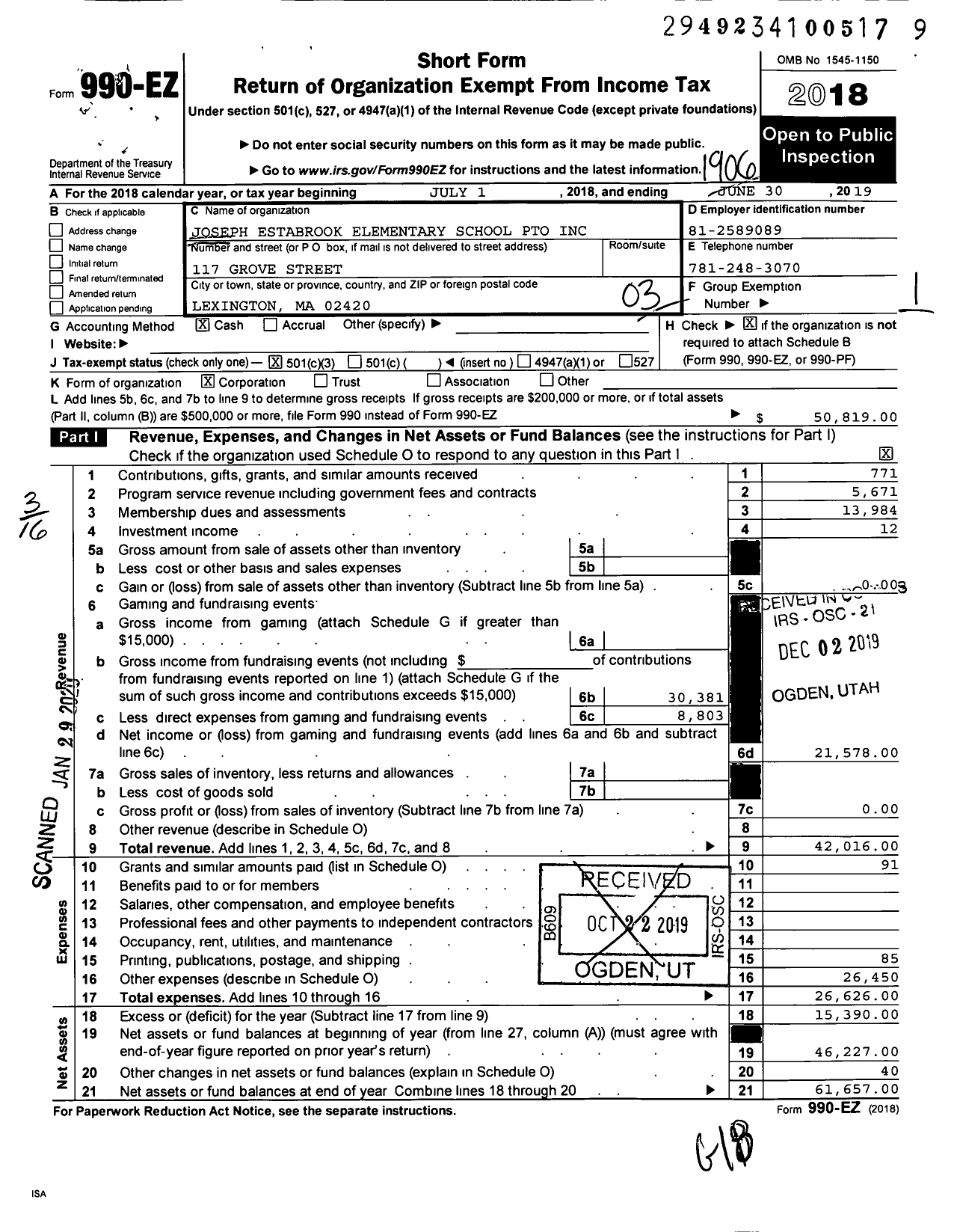 Image of first page of 2018 Form 990EZ for Joseph Estabrook Elementary School Pto