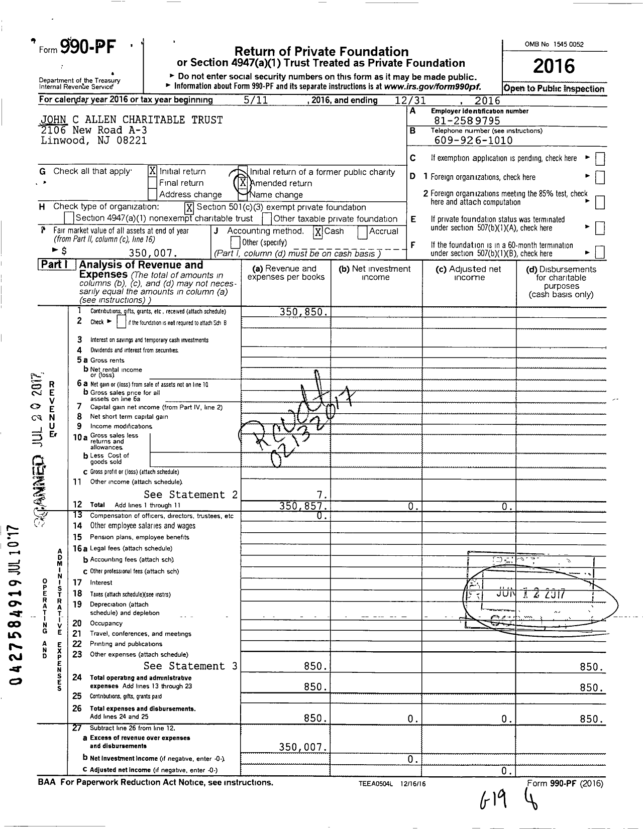 Image of first page of 2016 Form 990PF for John C Allen Charitable Trust