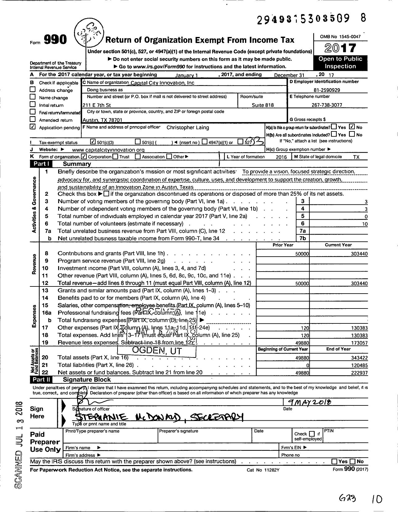 Image of first page of 2017 Form 990 for Capital City Innovation Incorporated