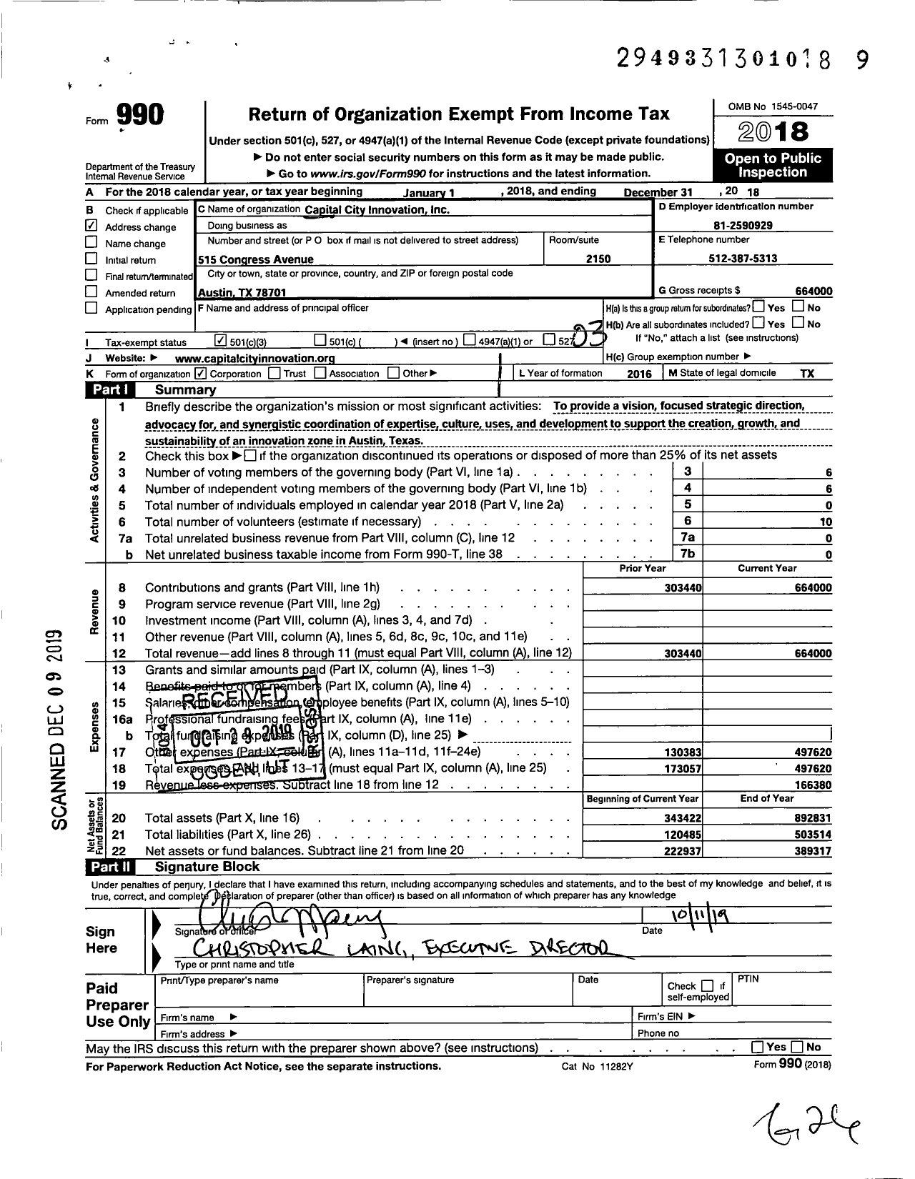 Image of first page of 2018 Form 990 for Capital City Innovation Incorporated