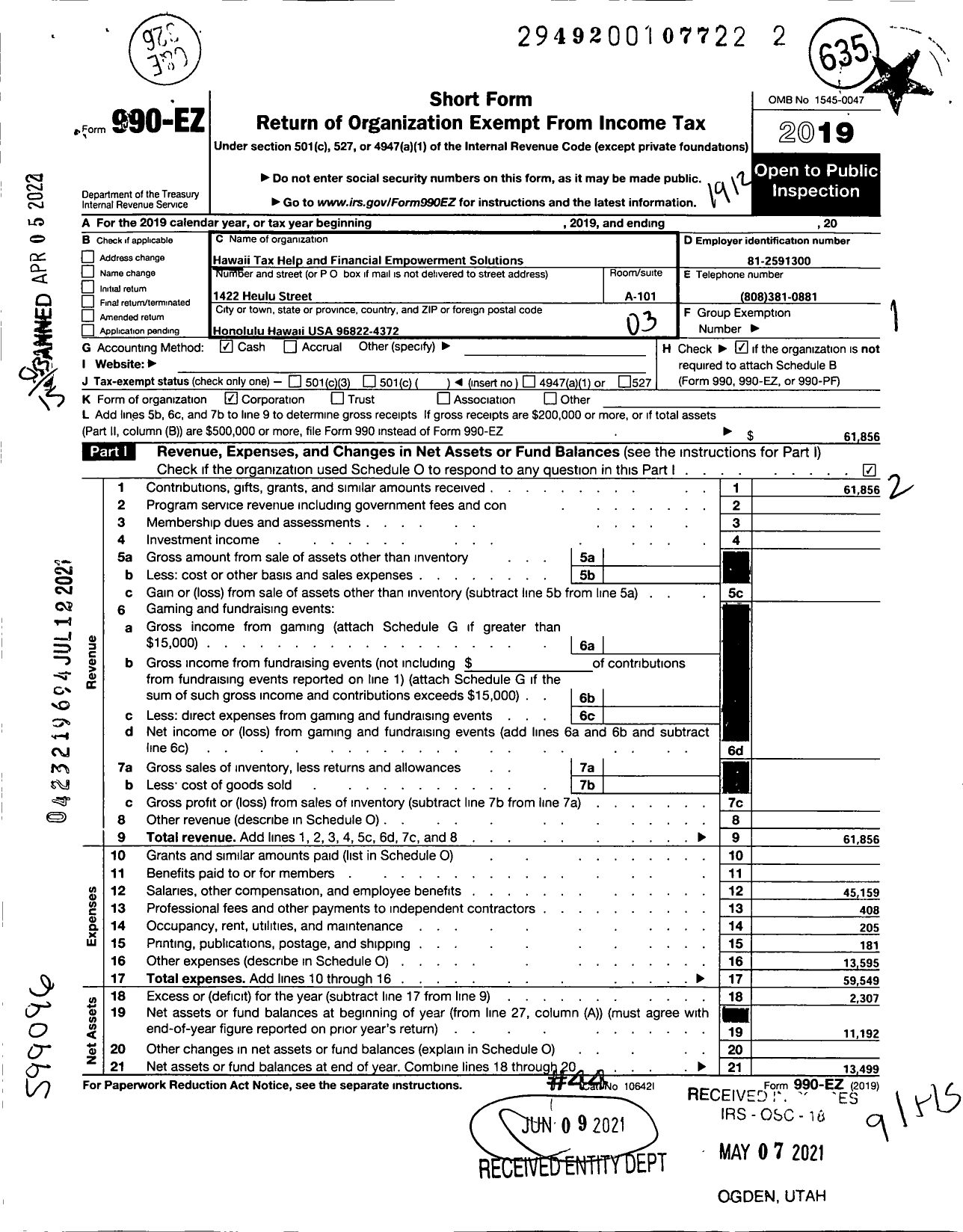 Image of first page of 2019 Form 990EZ for Hawaii Tax Help and Financial Empowerment Solutions