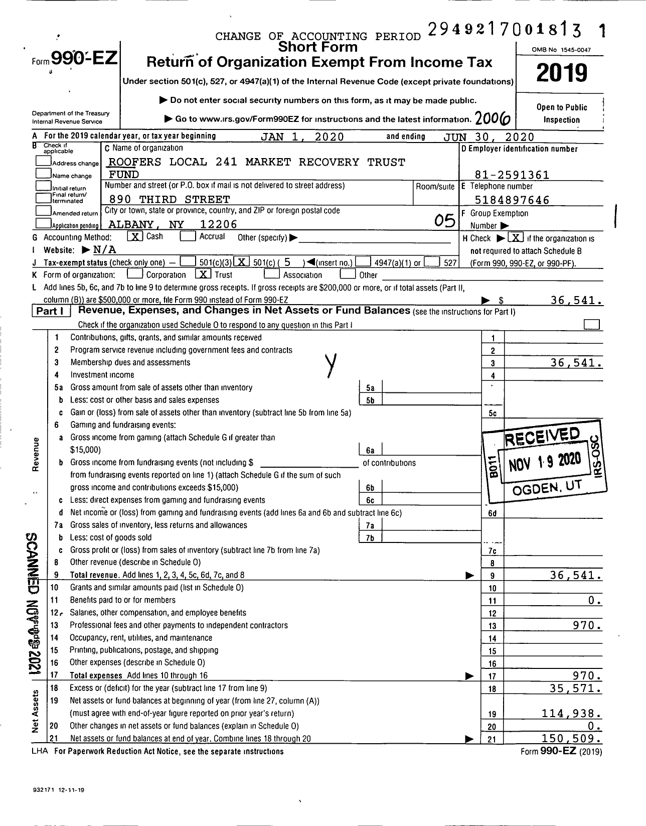 Image of first page of 2019 Form 990EO for Roofers Local 241 Labor-Management Fund