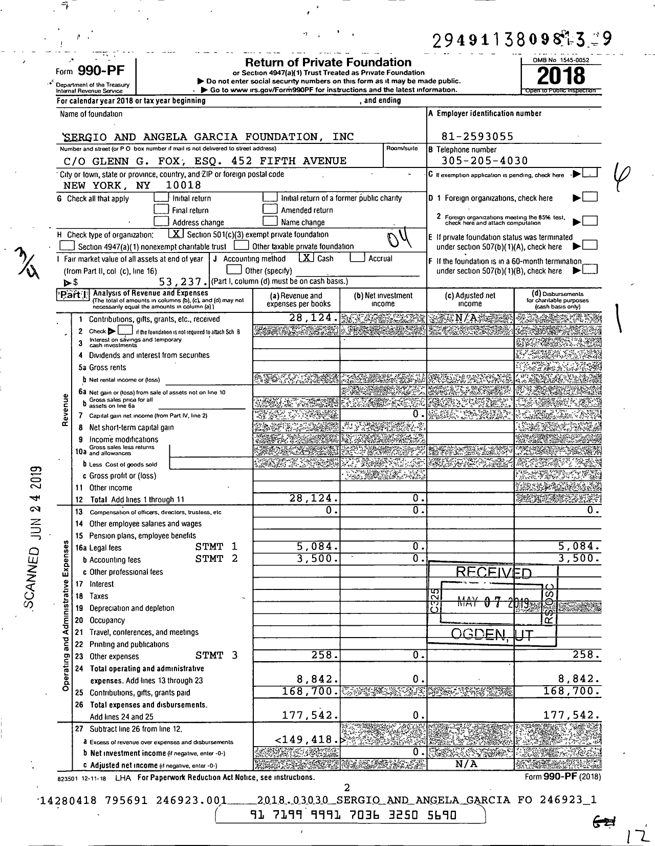 Image of first page of 2018 Form 990PF for Sergio and Angela Garcia Foundation