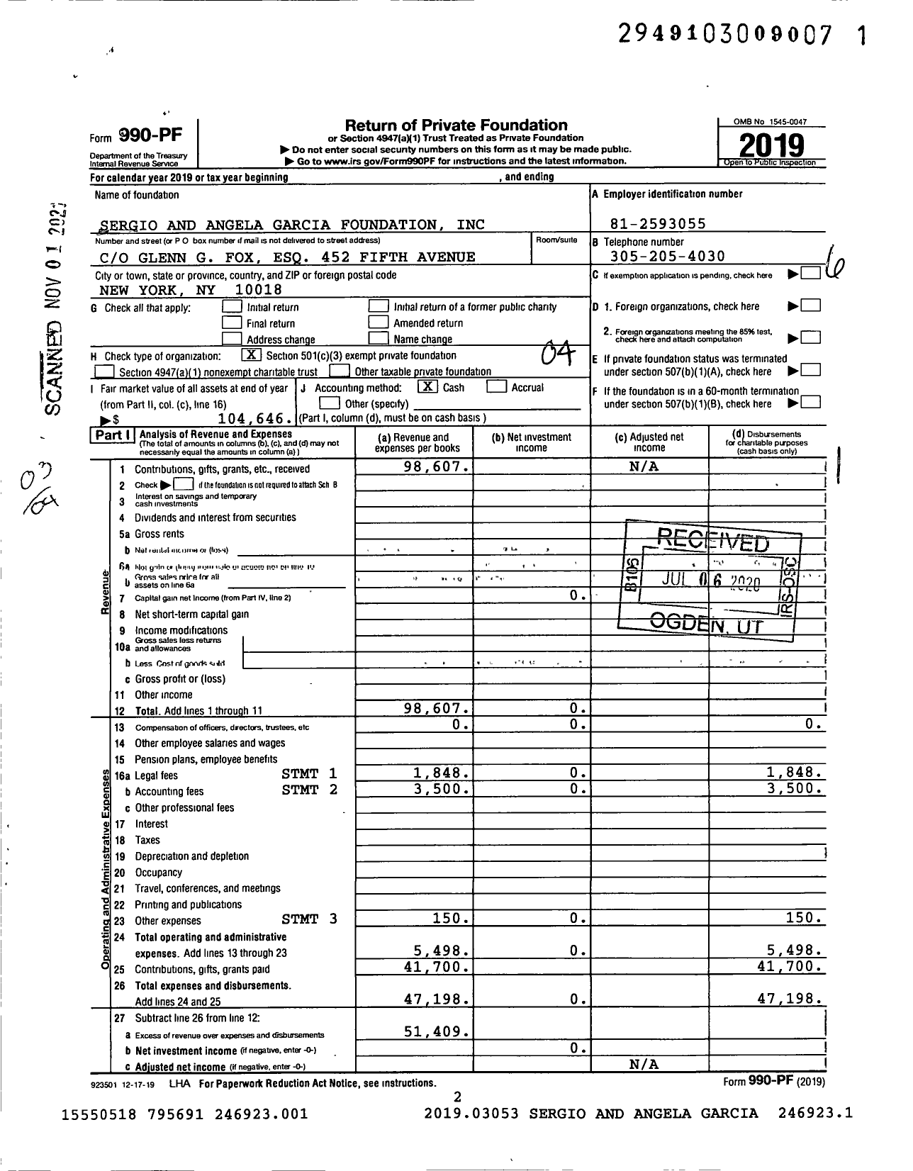 Image of first page of 2019 Form 990PF for Sergio and Angela Garcia Foundation