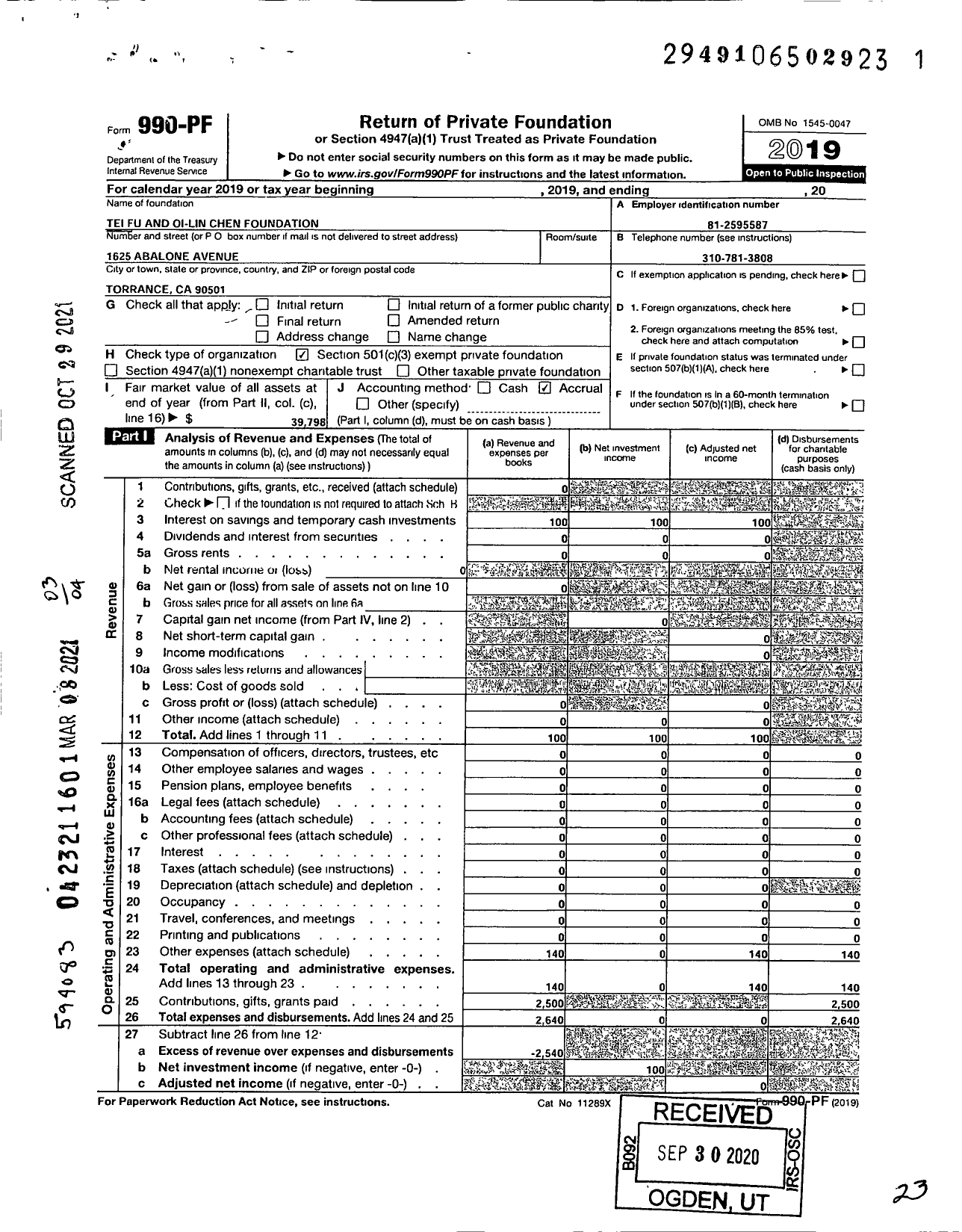 Image of first page of 2019 Form 990PF for Tei Fu and Oi-Lin Chen Foundation