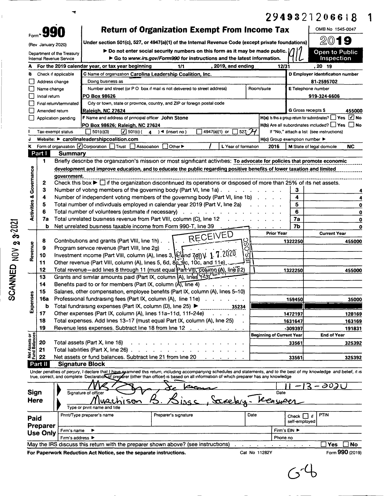 Image of first page of 2019 Form 990O for Carolina Leadership Coalition