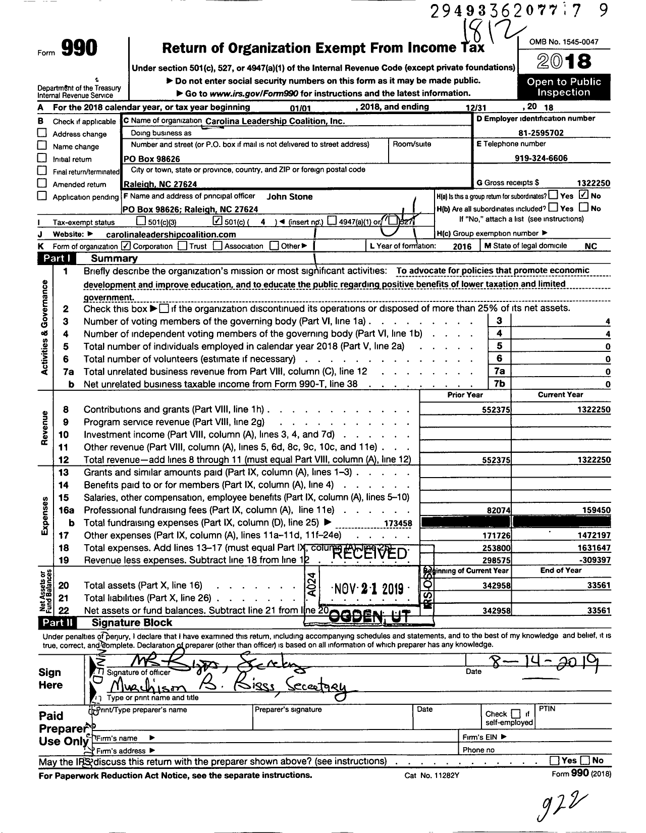 Image of first page of 2018 Form 990O for Carolina Leadership Coalition