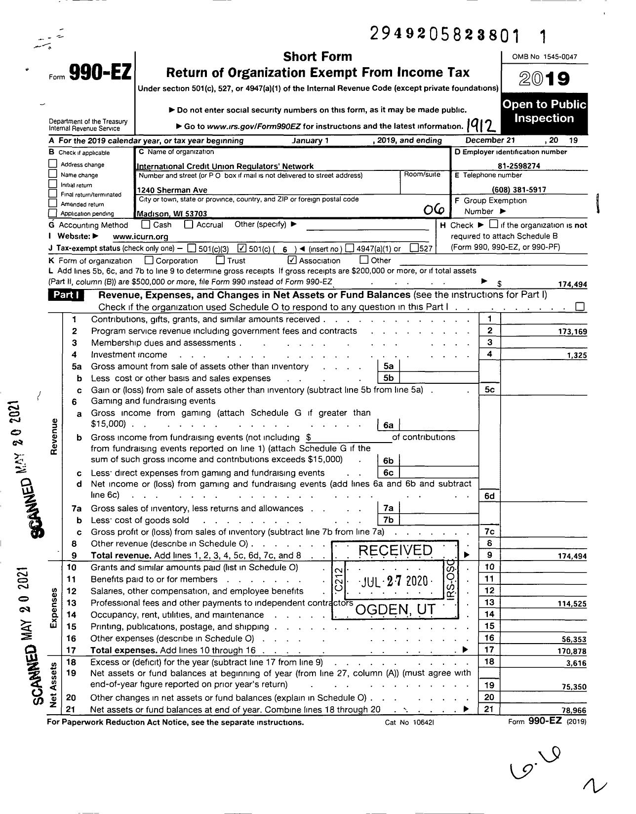 Image of first page of 2019 Form 990EO for International Credit Union Regulators Network (ICURN)