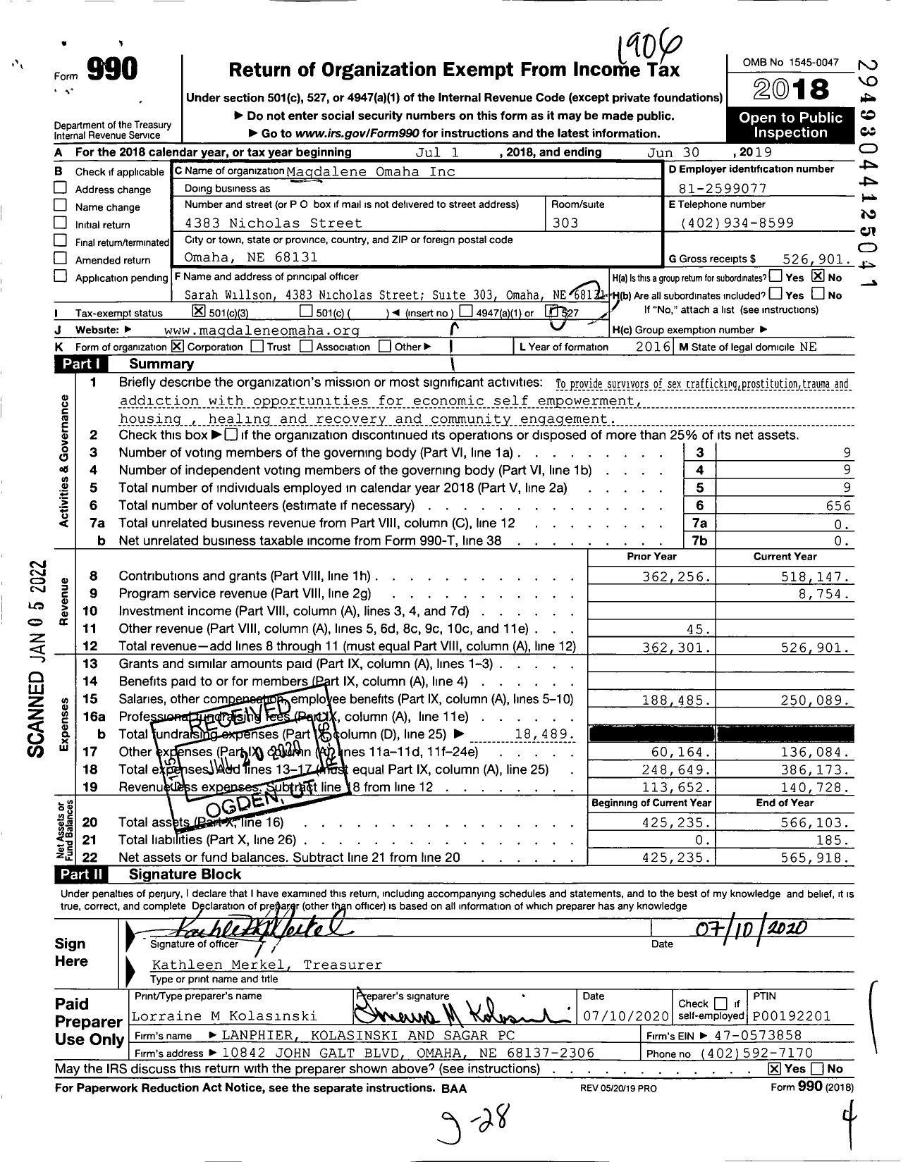 Image of first page of 2018 Form 990 for Magdalene Omaha