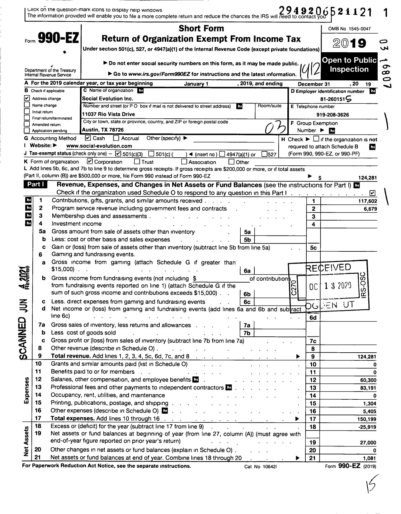 Image of first page of 2019 Form 990EZ for Social Evolution