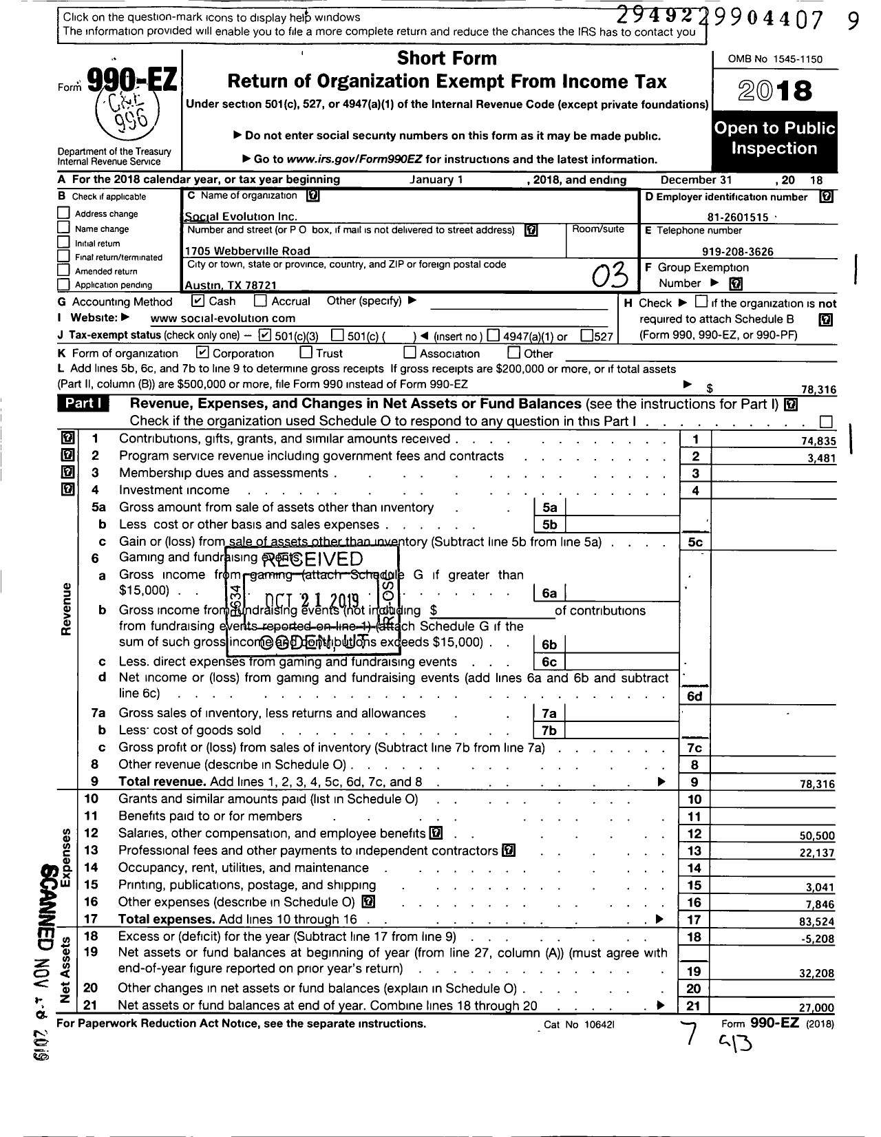 Image of first page of 2018 Form 990EZ for Social Evolution