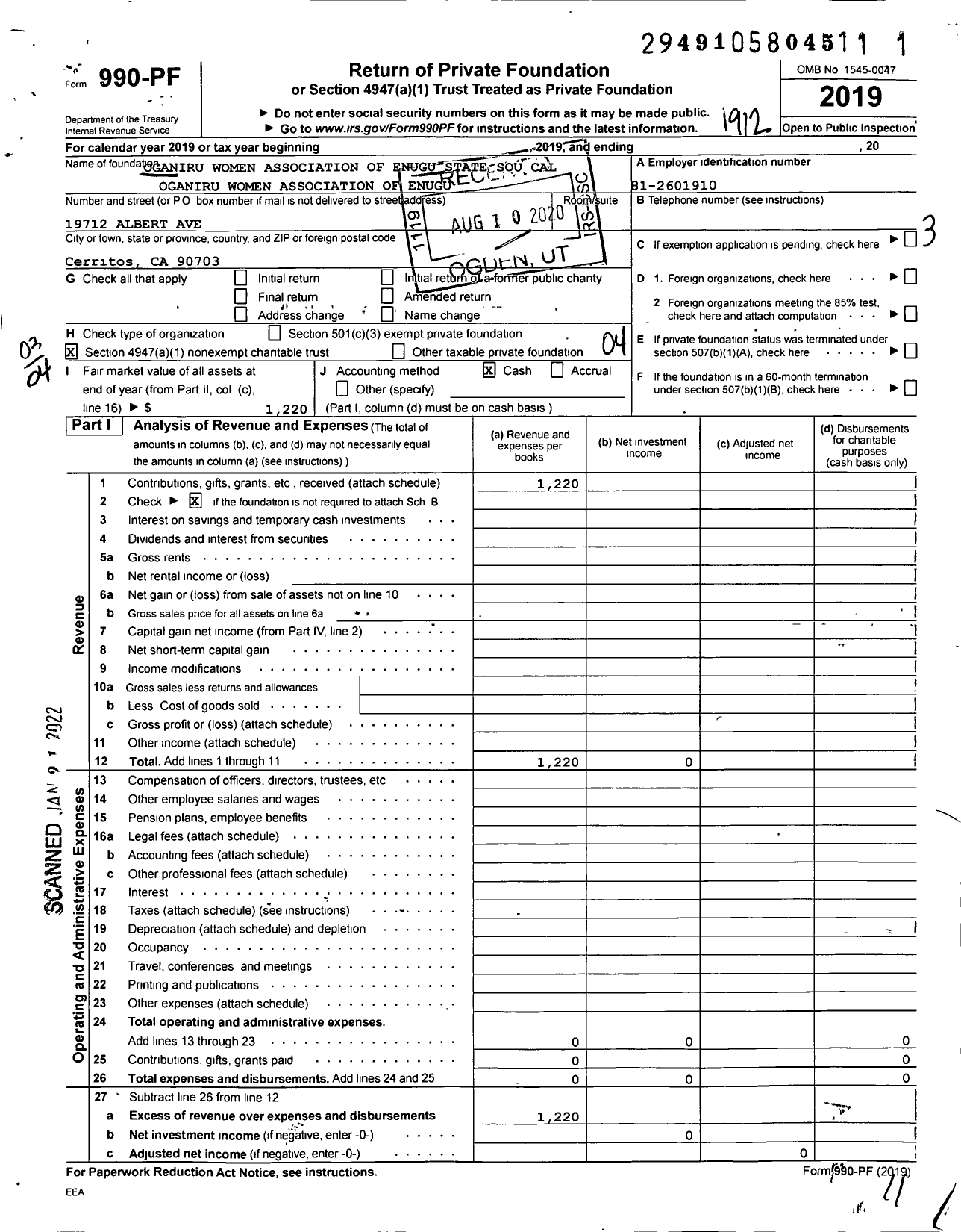 Image of first page of 2019 Form 990PF for Oganiru Women Association of Enugu State Sou Cal