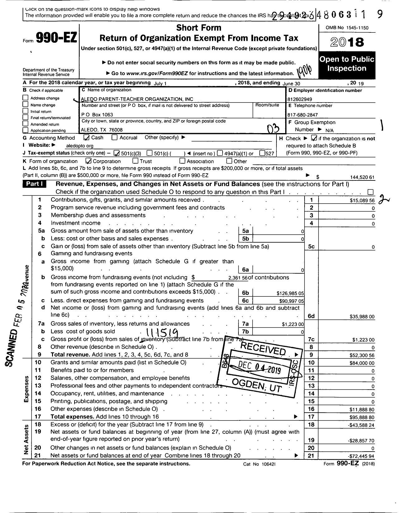 Image of first page of 2018 Form 990EZ for Aledo Parent-Teacher Organization