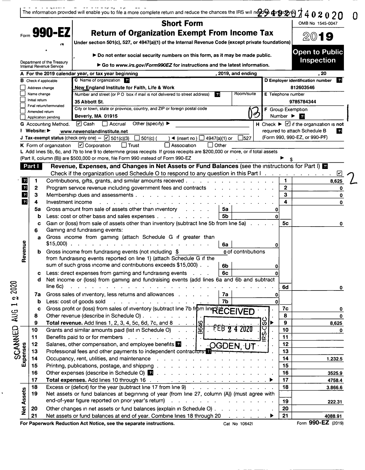 Image of first page of 2019 Form 990EZ for New England Center for Faith Life and Work Incorporated