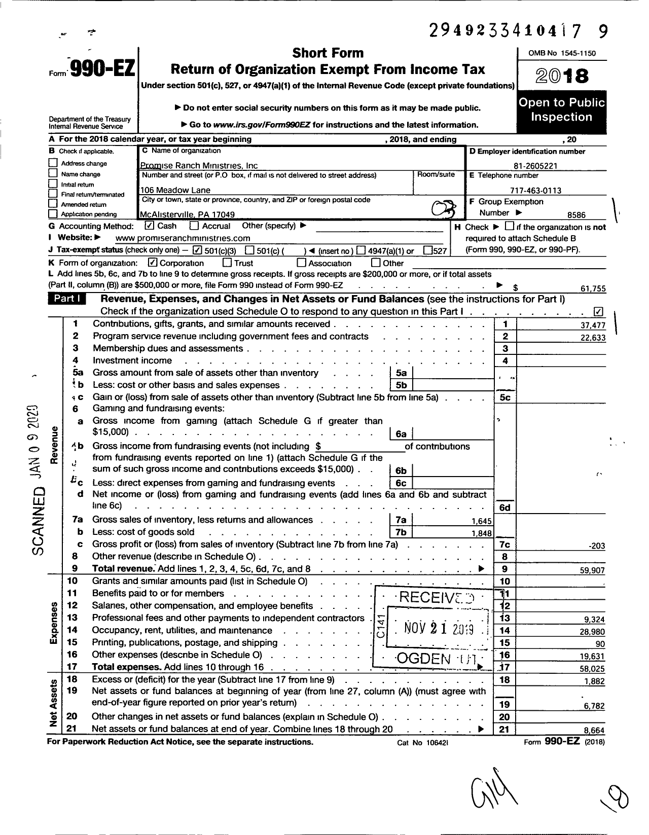 Image of first page of 2018 Form 990EZ for Promise Ranch Ministries