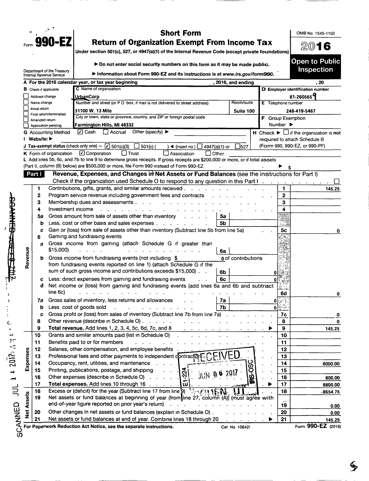 Image of first page of 2016 Form 990EZ for Urbancorp