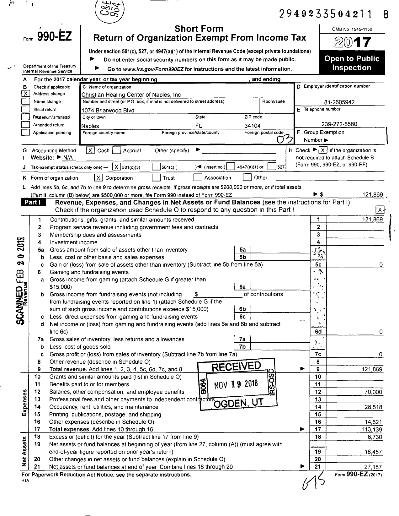 Image of first page of 2017 Form 990EZ for Christian Healing Center of Naples