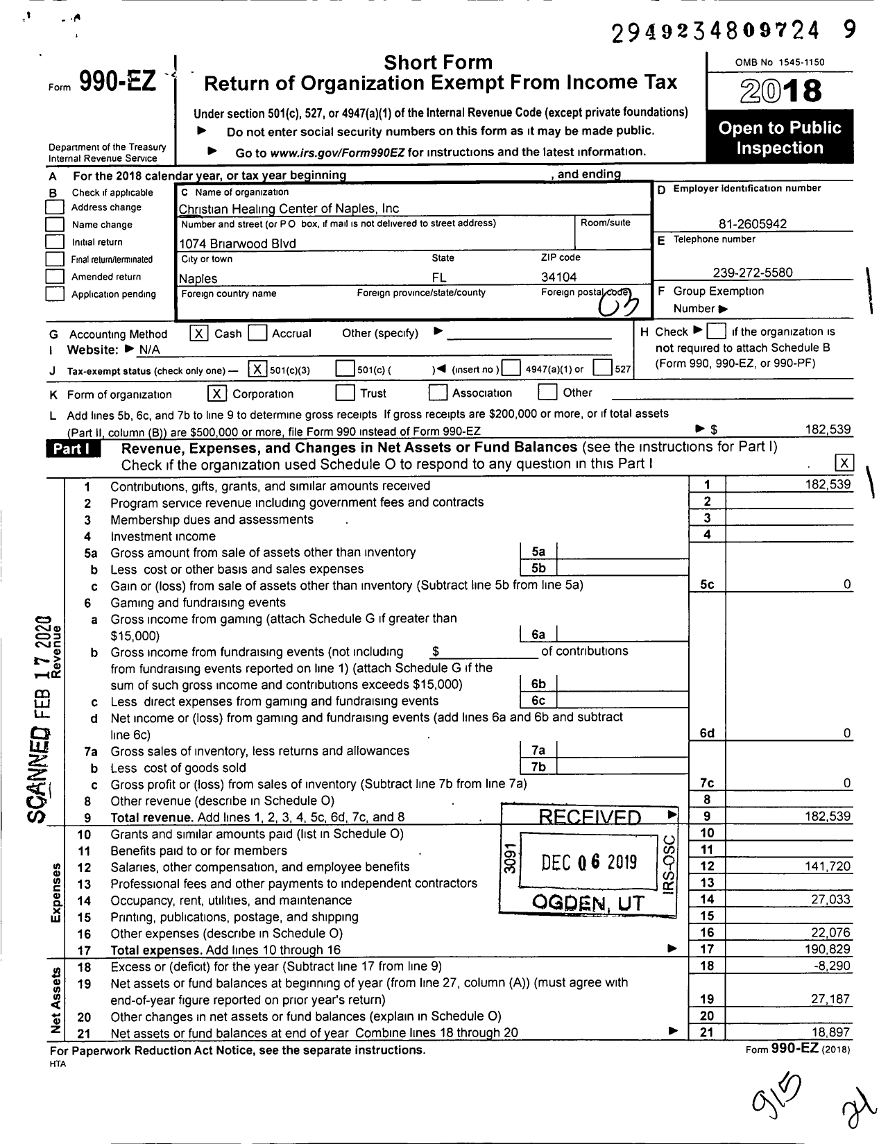 Image of first page of 2018 Form 990EZ for Christian Healing Center of Naples