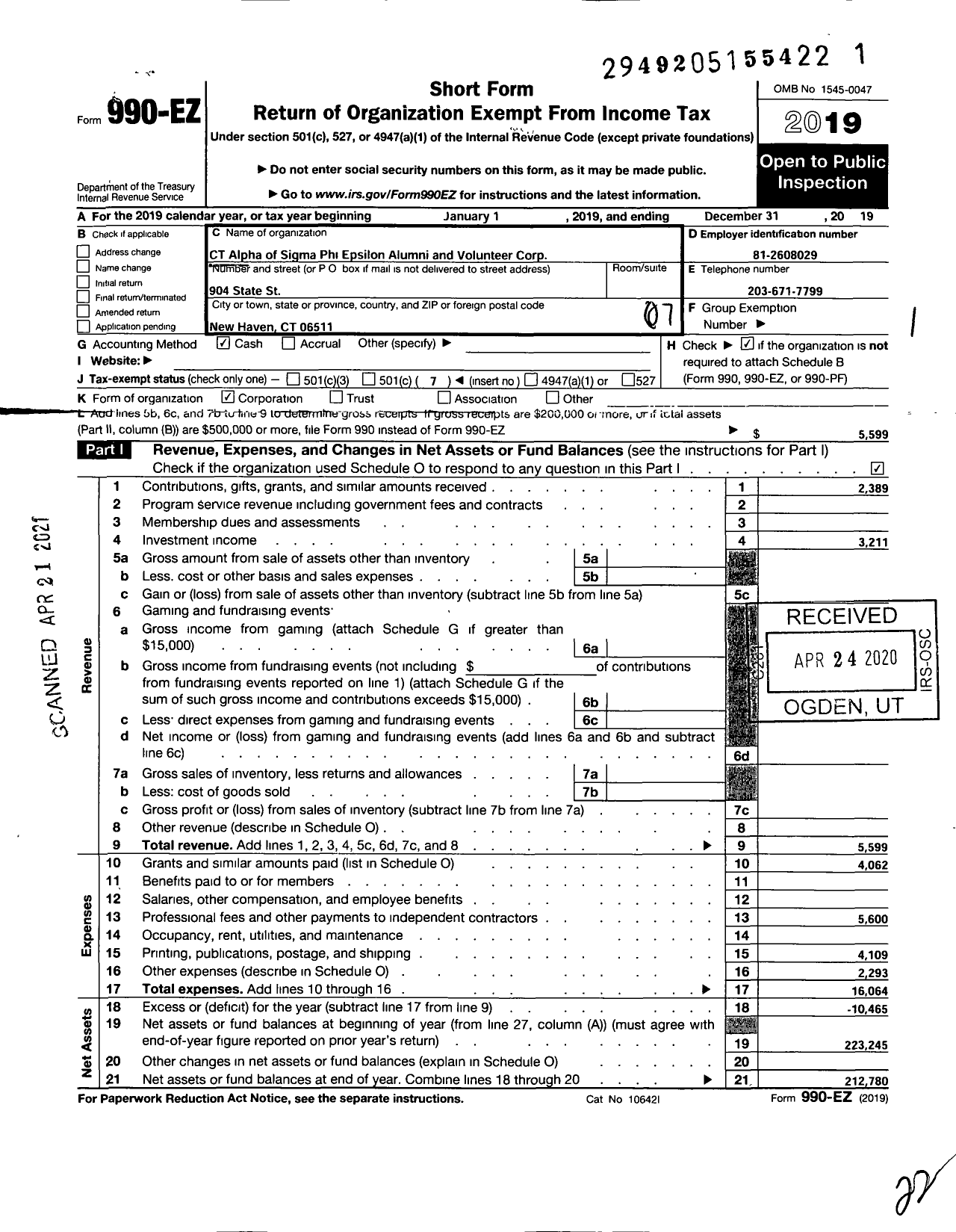 Image of first page of 2019 Form 990EO for Connecticut Alpha of Sigma Phi Epsilon Fraternity Alumni and