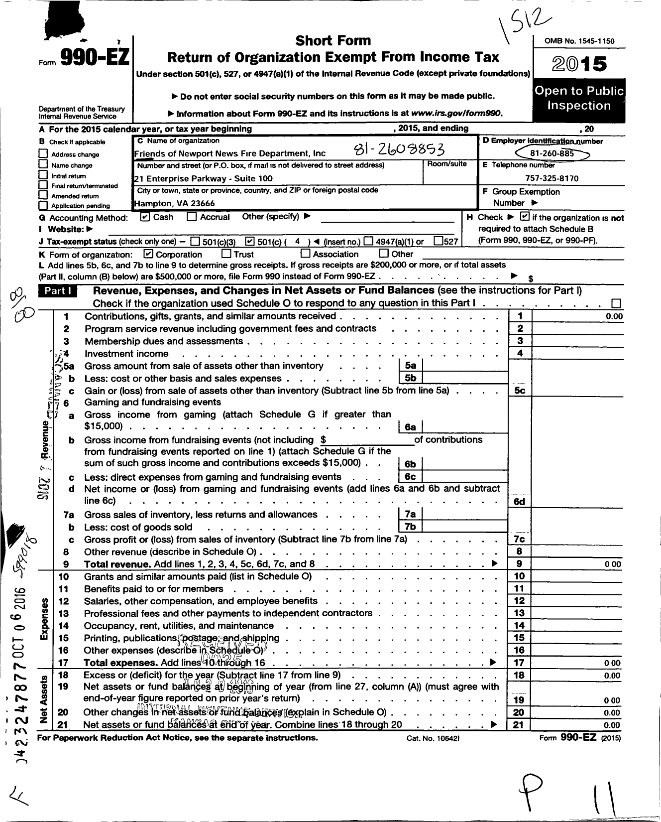 Image of first page of 2015 Form 990EO for Friends of Newport News Fire Department