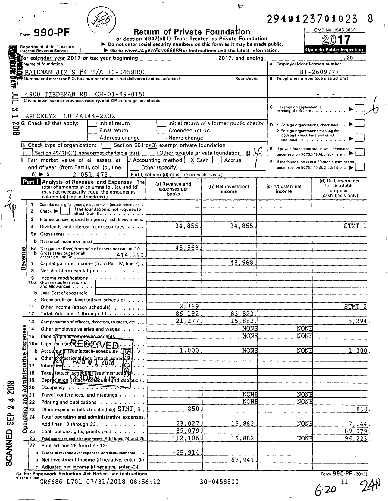 Image of first page of 2017 Form 990PF for Bateman Jim S #4 Ta