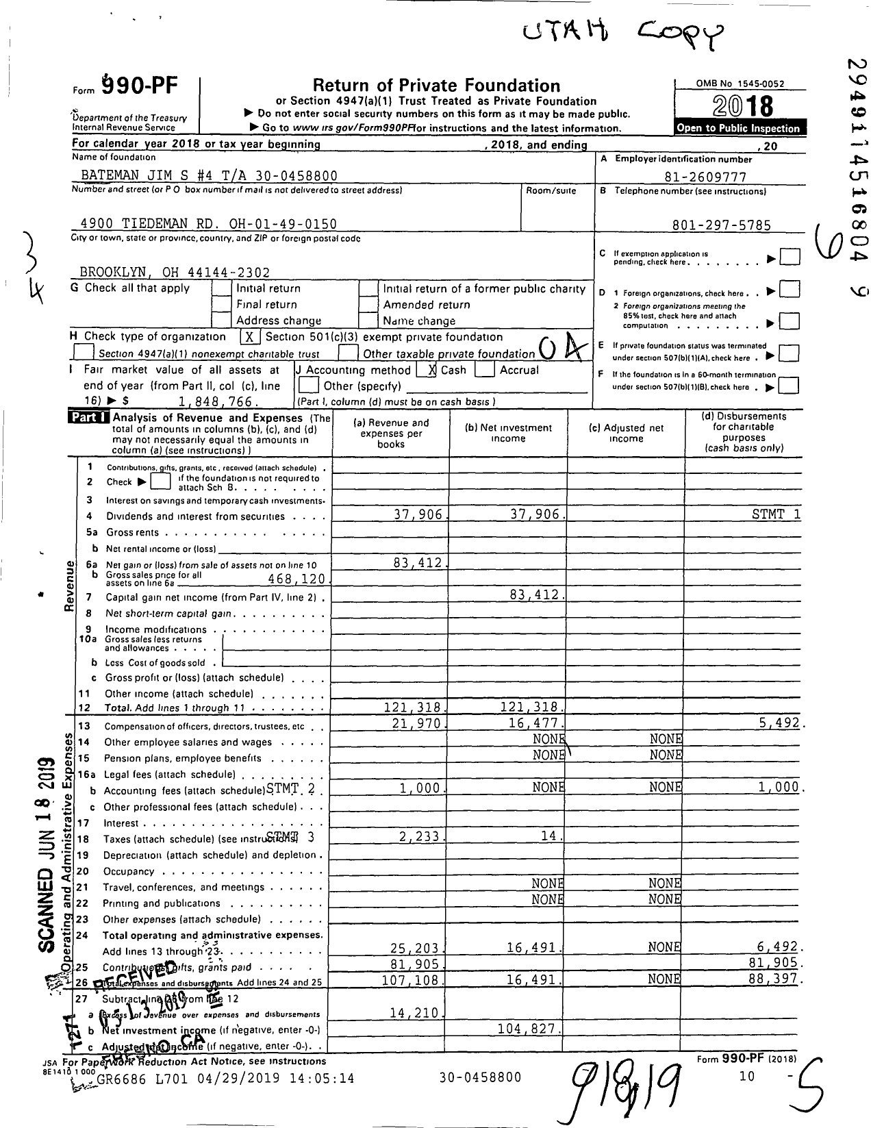 Image of first page of 2018 Form 990PF for Bateman Jim S #4 Ta