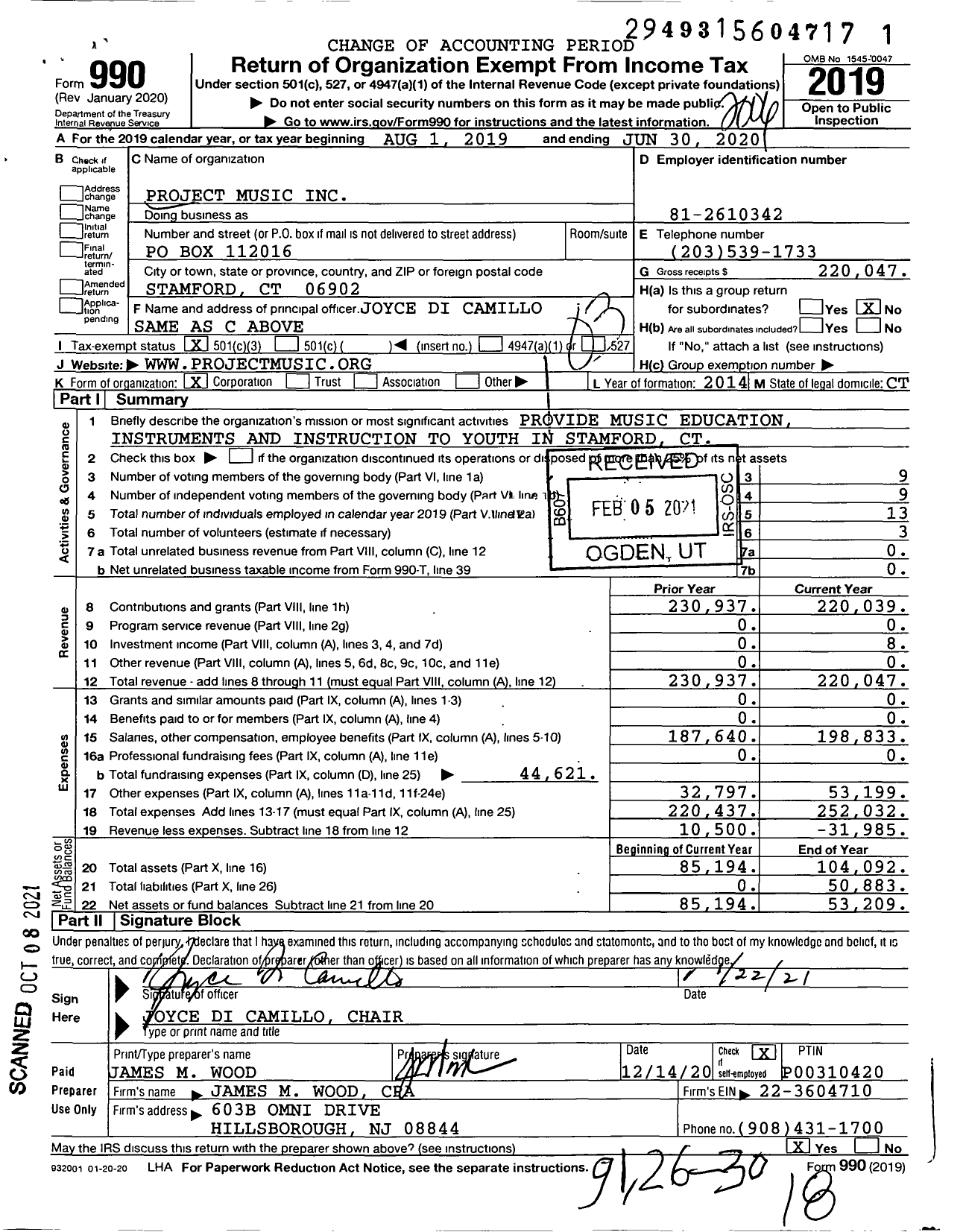 Image of first page of 2019 Form 990 for Project Music