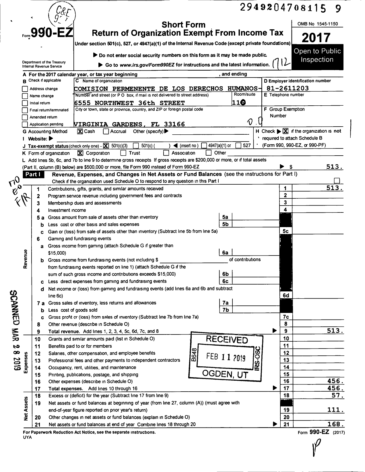 Image of first page of 2017 Form 990EO for Comision Permanente de Los Derechos Humanos-Miami