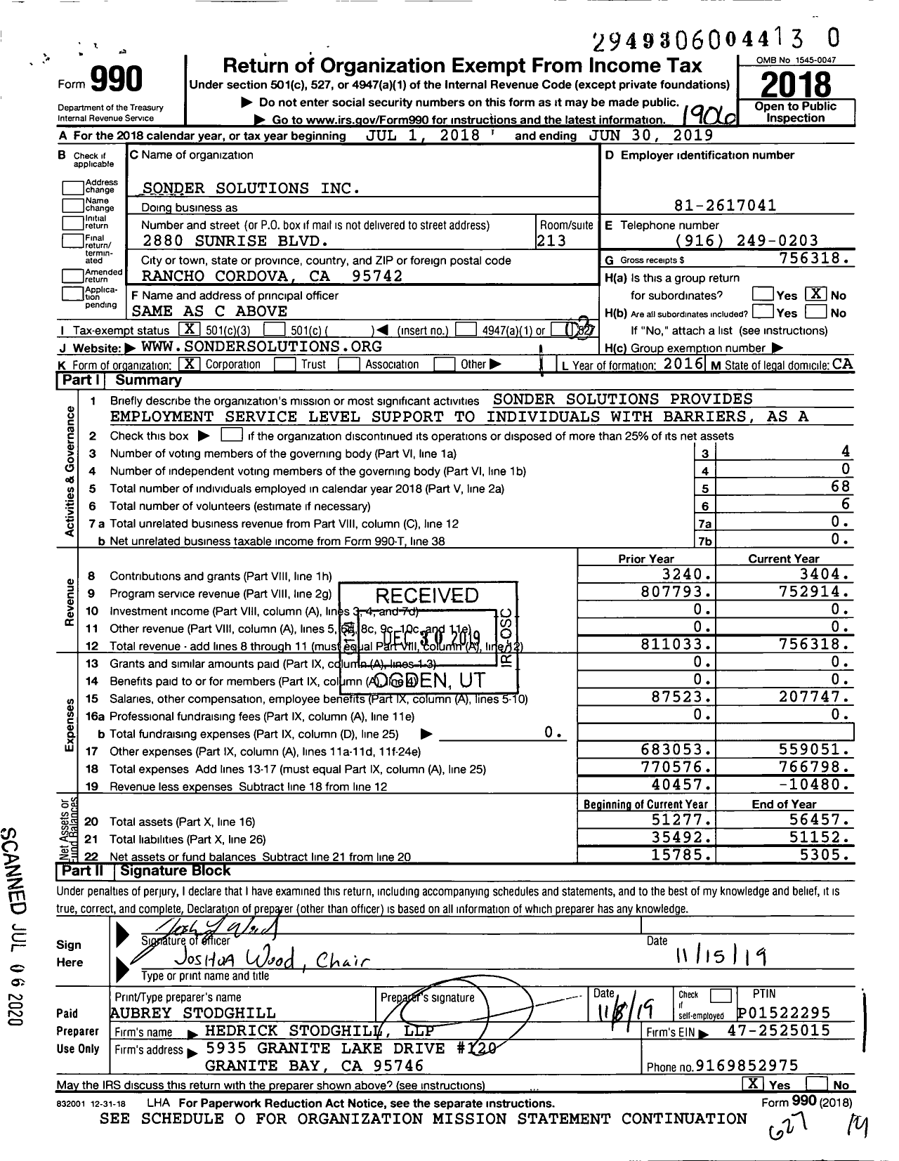 Image of first page of 2018 Form 990 for Sonder Solutions