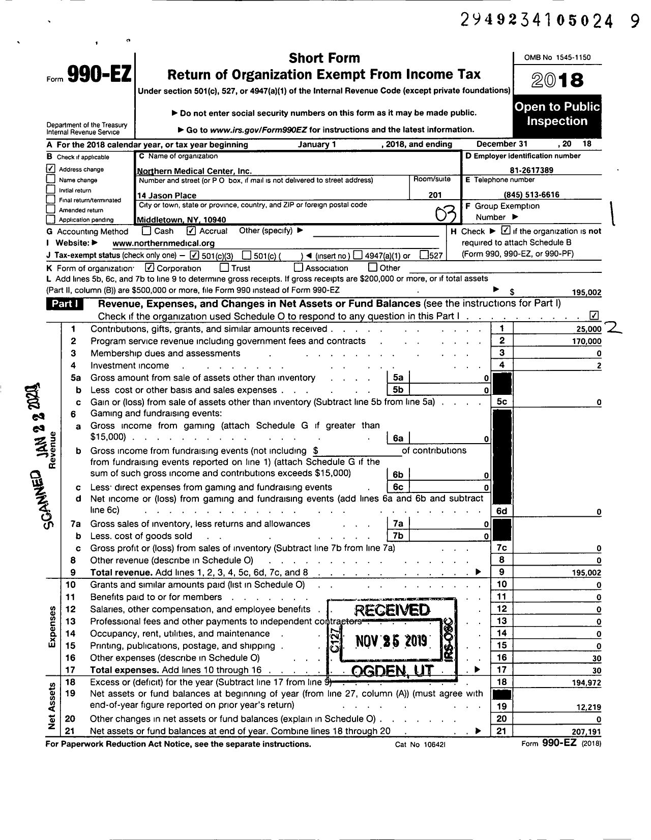 Image of first page of 2018 Form 990EZ for Northern Medical Center