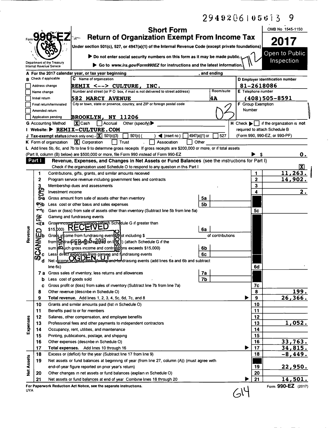 Image of first page of 2017 Form 990EZ for Remix Culture