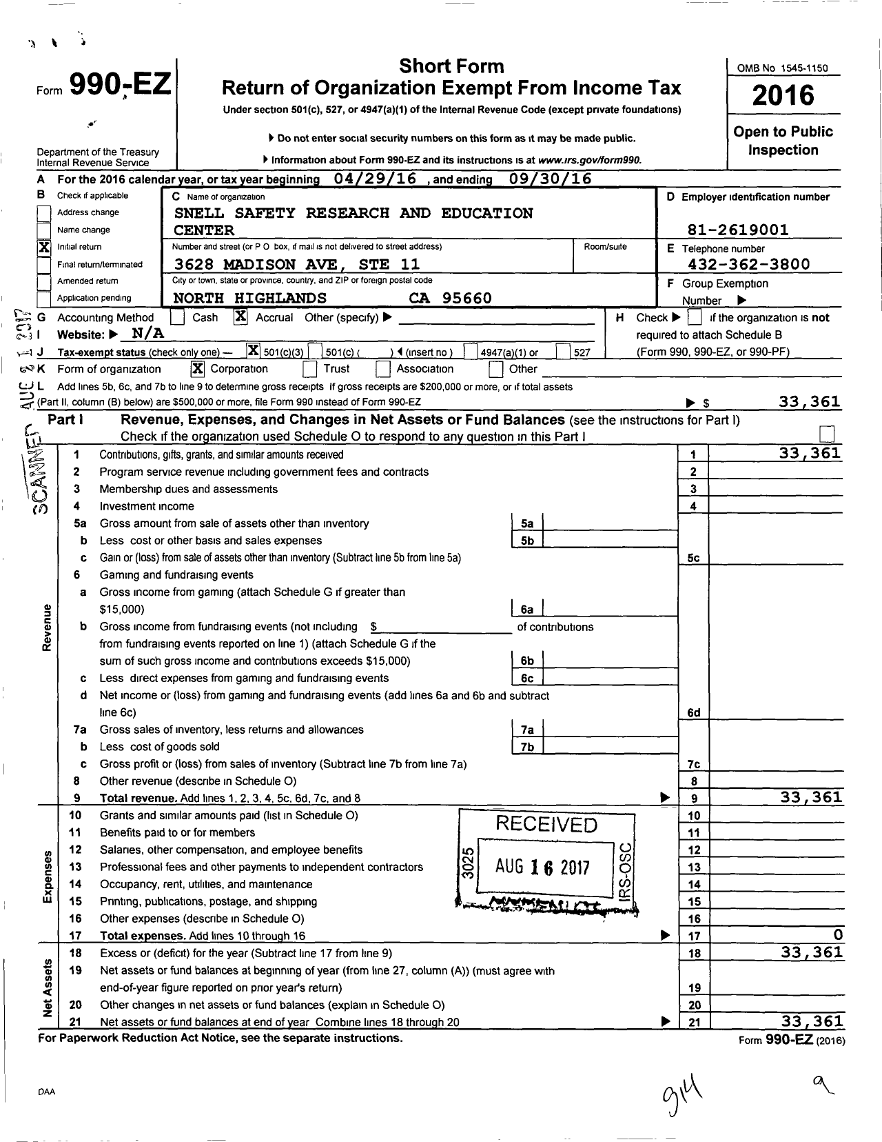 Image of first page of 2015 Form 990EZ for Snell Research Center