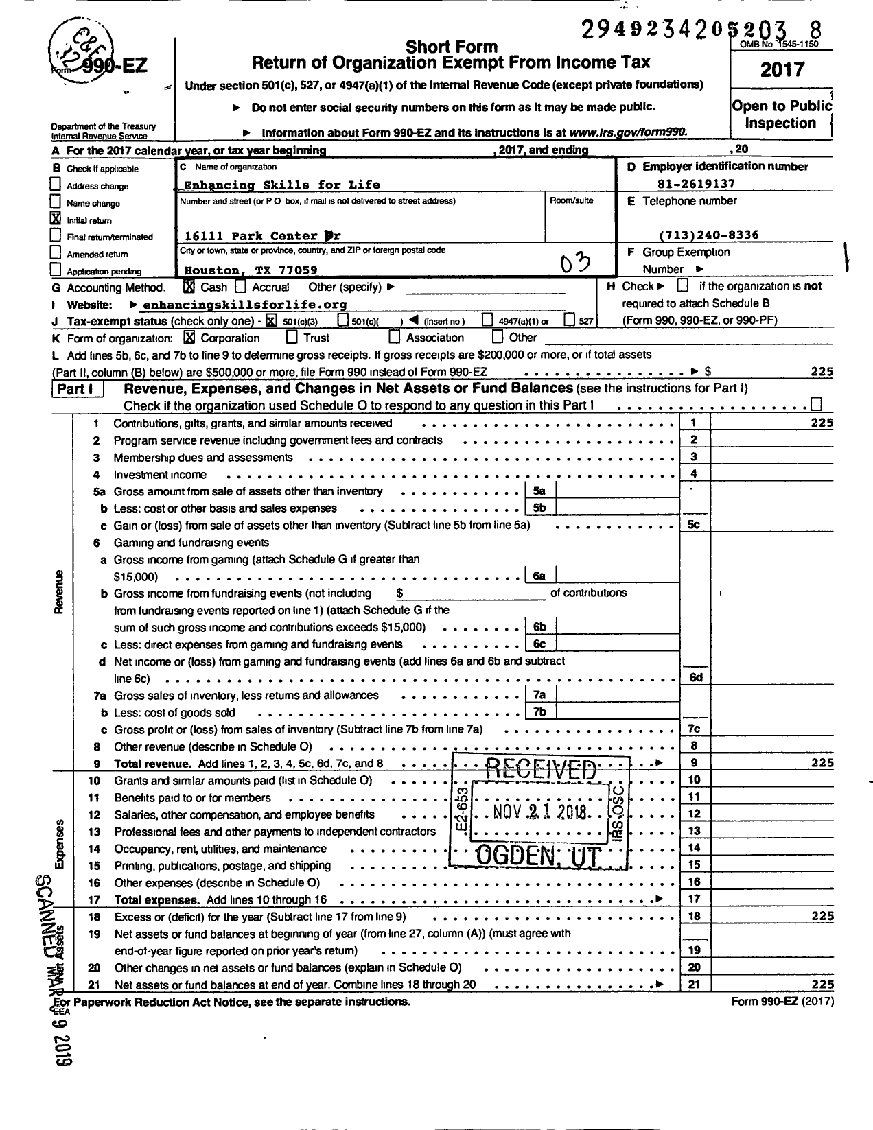 Image of first page of 2017 Form 990EZ for Enhancing Skills for Life