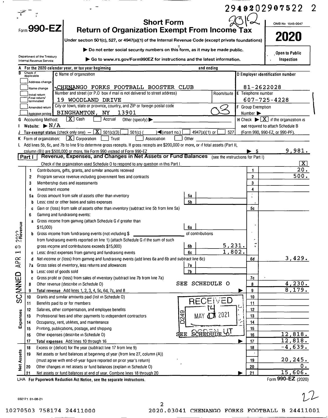 Image of first page of 2020 Form 990EZ for Chenango Forks Football Booster Club