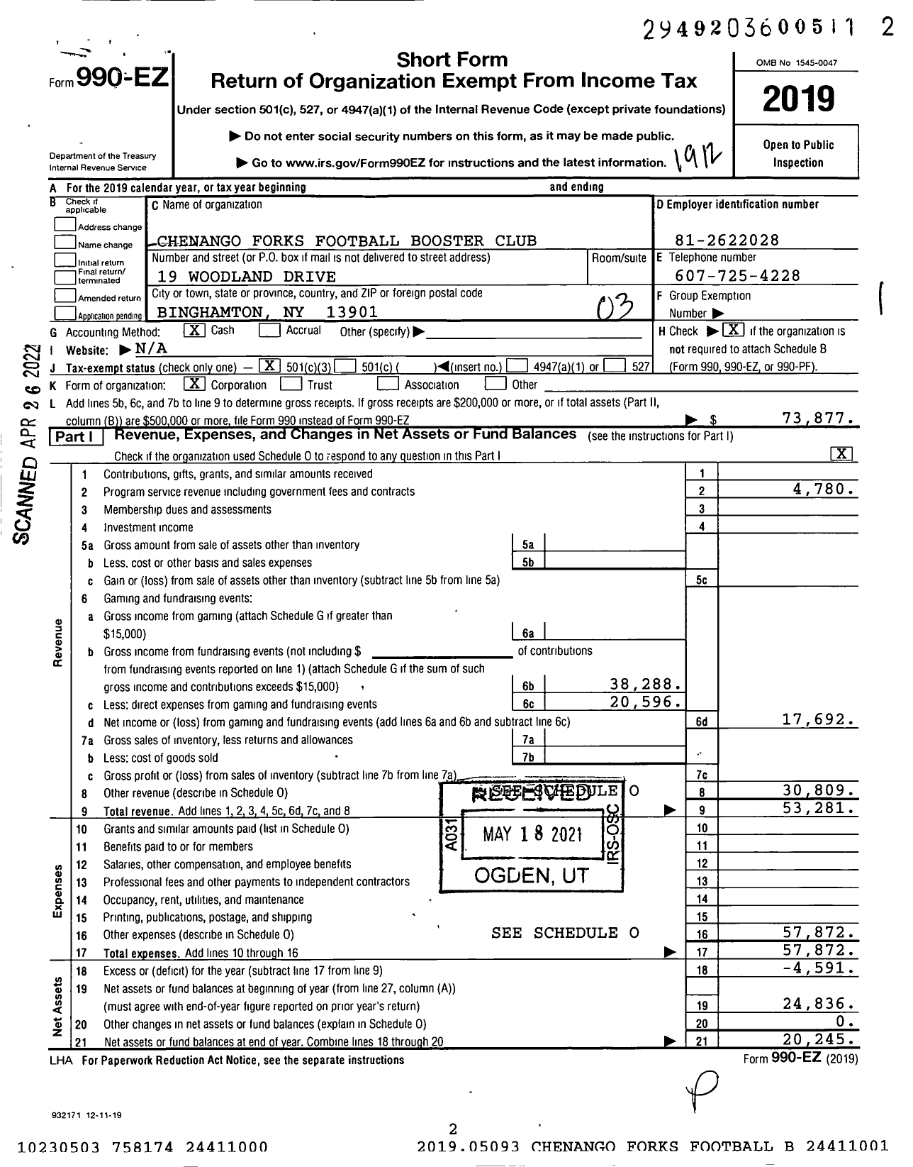 Image of first page of 2019 Form 990EZ for Chenango Forks Football Booster Club