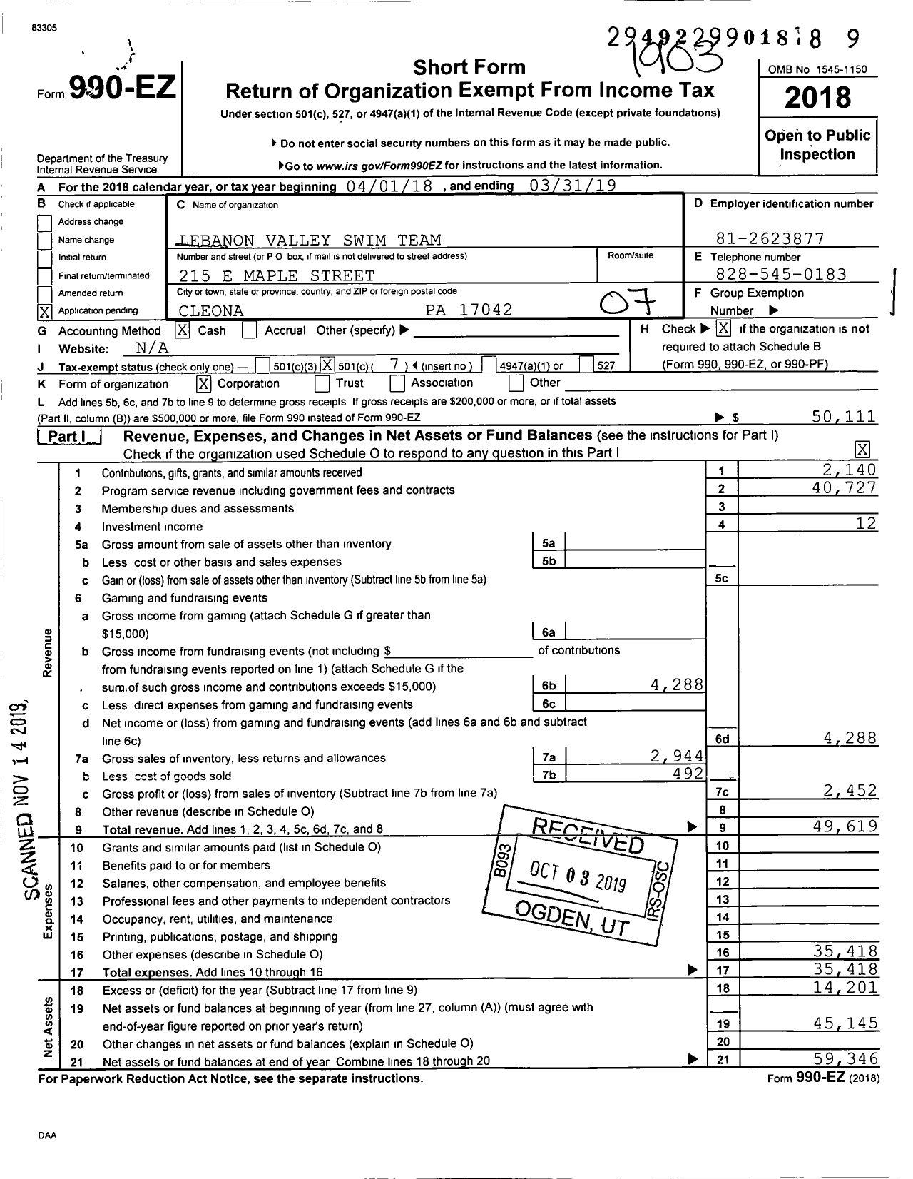 Image of first page of 2018 Form 990EO for Lebanon Valley Swim Team