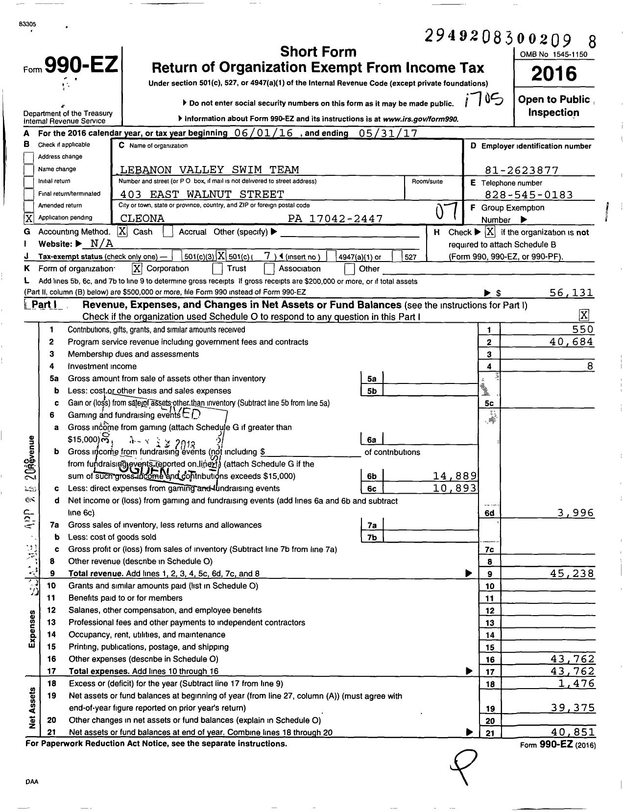 Image of first page of 2016 Form 990EO for Lebanon Valley Swim Team