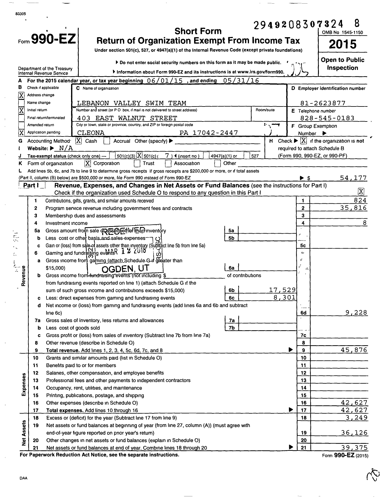 Image of first page of 2015 Form 990EO for Lebanon Valley Swim Team