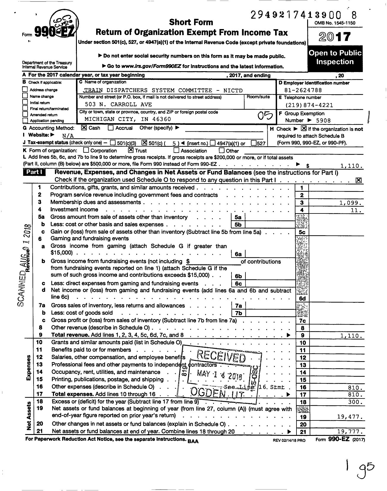 Image of first page of 2017 Form 990EO for American Train Dispatchers Association / Nictd System Committee