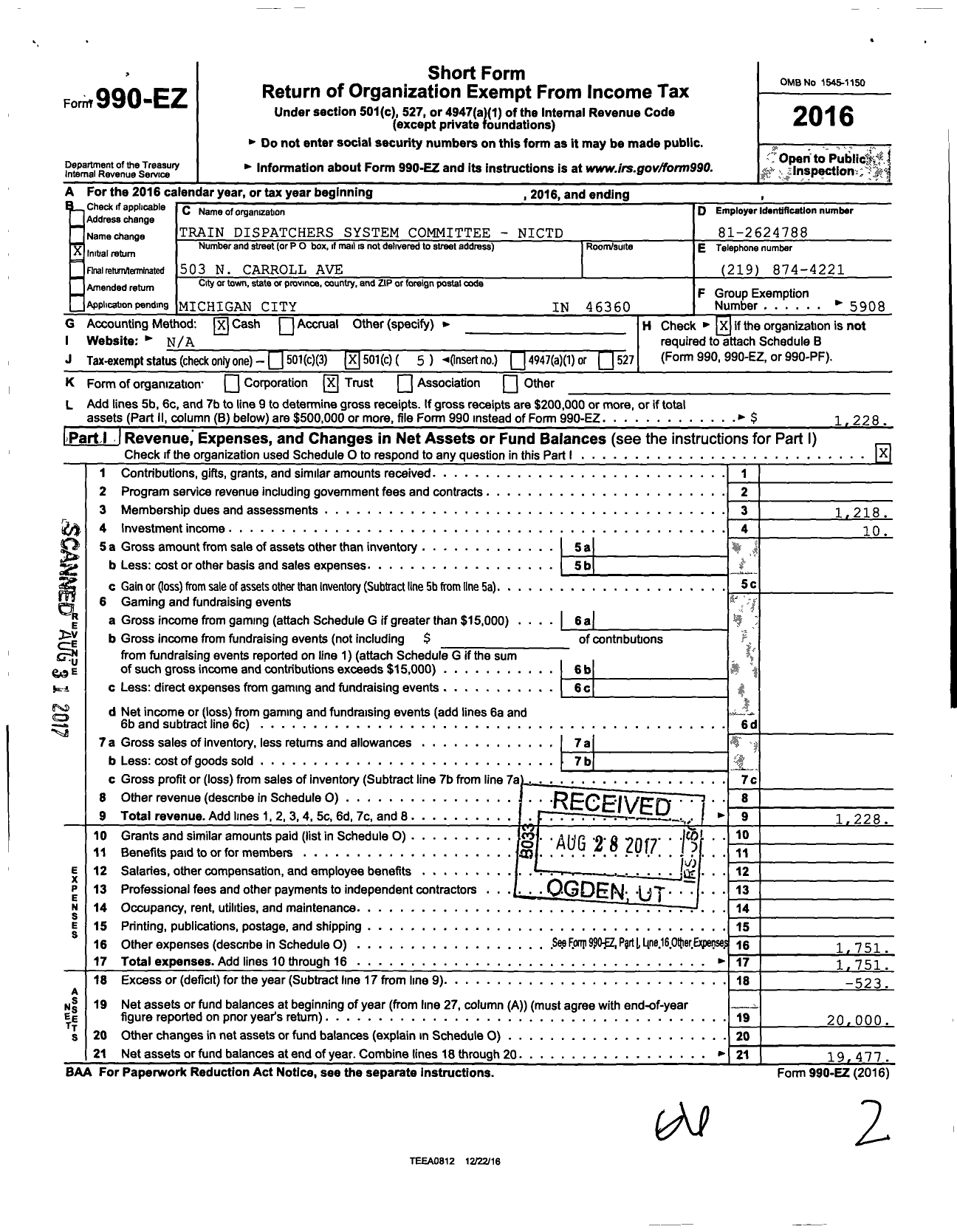 Image of first page of 2016 Form 990EO for American Train Dispatchers Association / Nictd System Committee