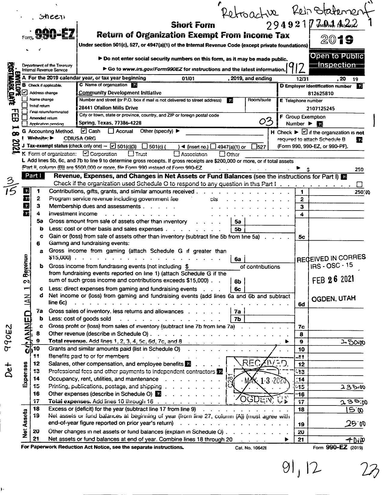 Image of first page of 2019 Form 990EZ for Community Development Initiative