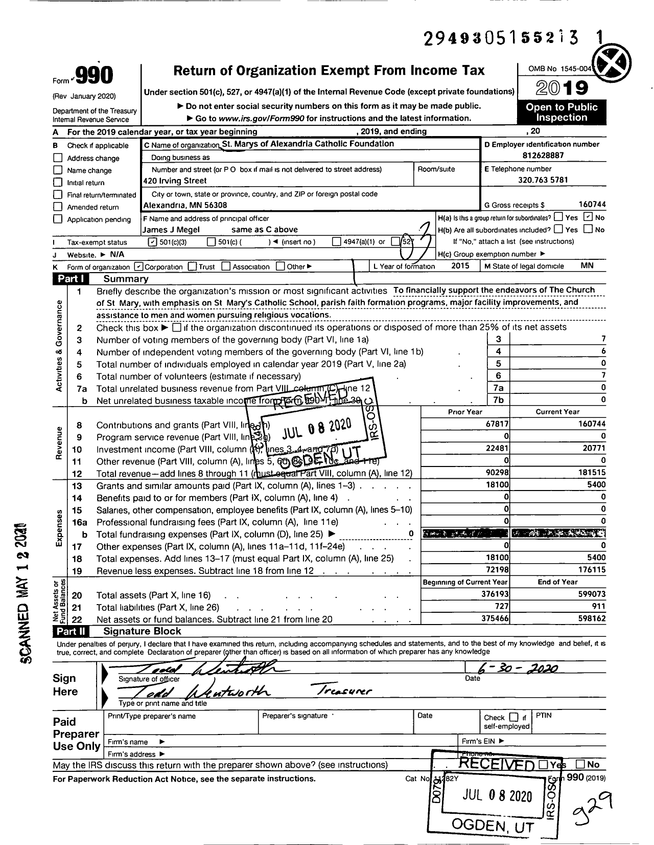 Image of first page of 2019 Form 990 for St Marys of Alexandria Catholic Foundation