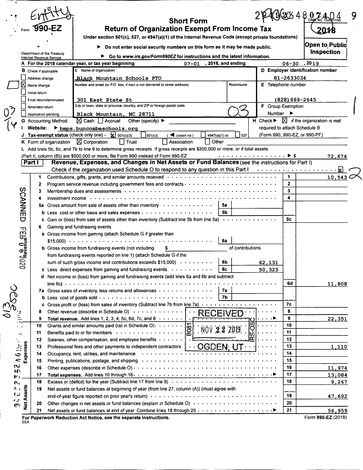 Image of first page of 2018 Form 990EZ for Black Mountain Schools PTO