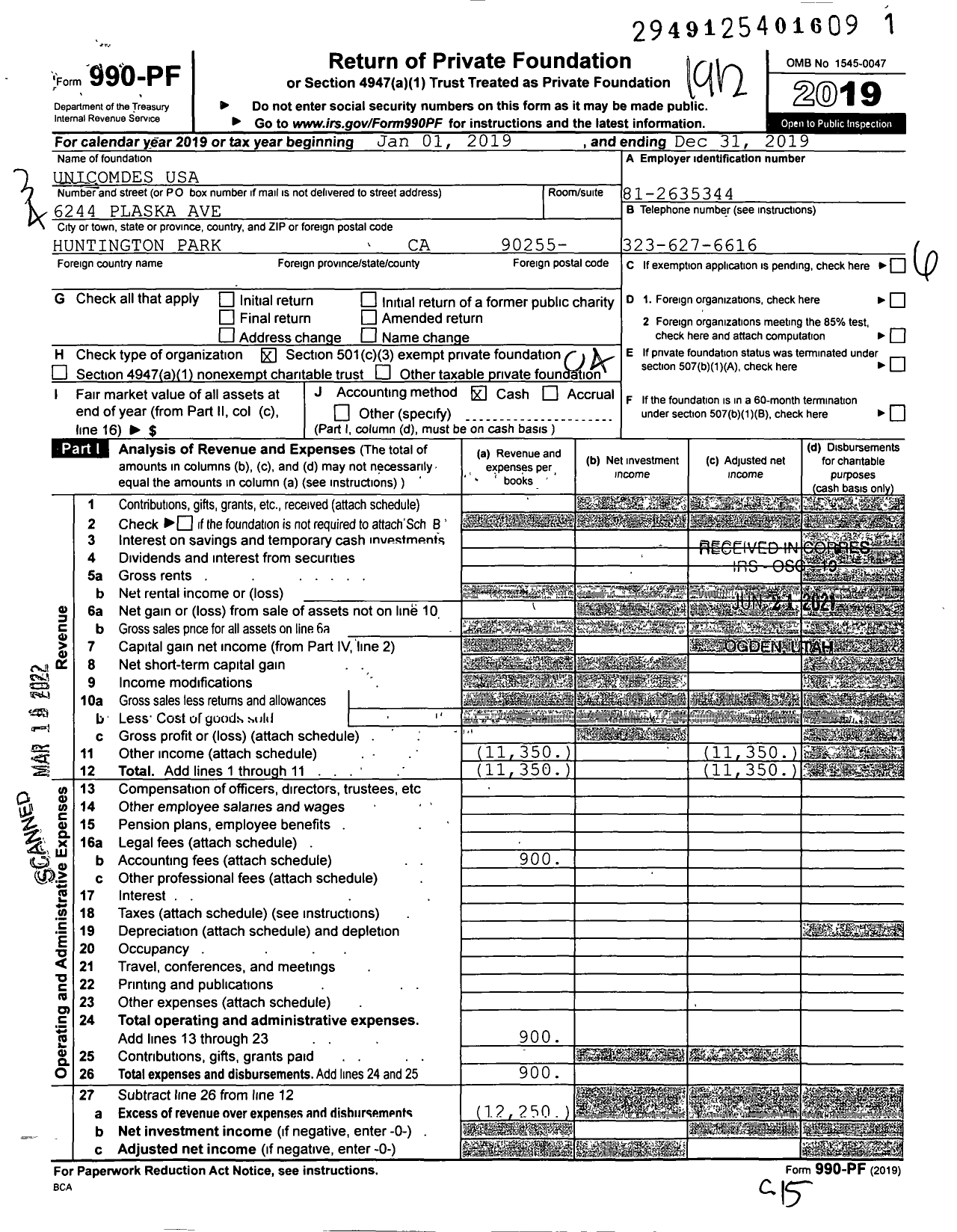 Image of first page of 2019 Form 990PF for Unicomdes-USA