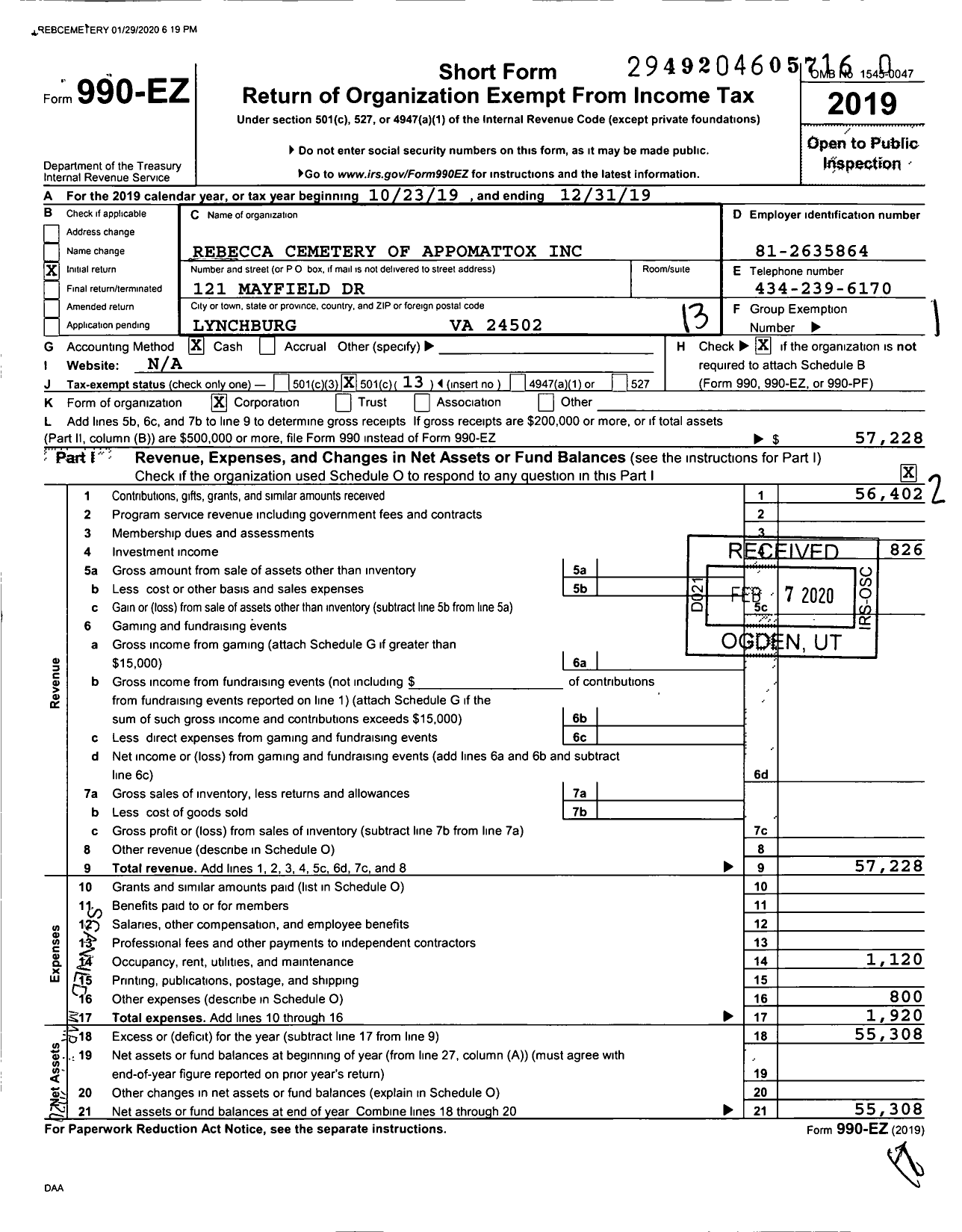 Image of first page of 2019 Form 990EO for Rebecca Cemetery of Appomattox