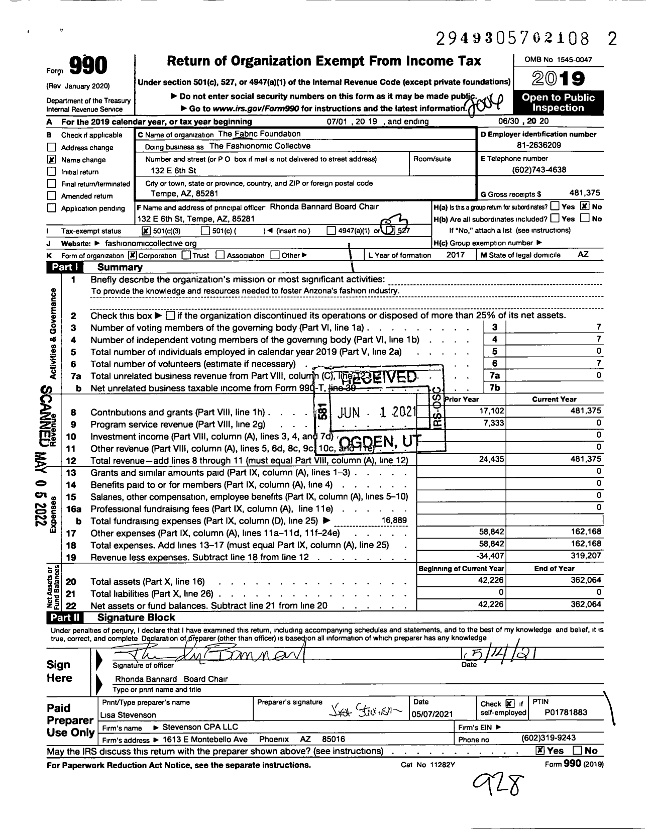 Image of first page of 2019 Form 990 for The Fabric Foundation