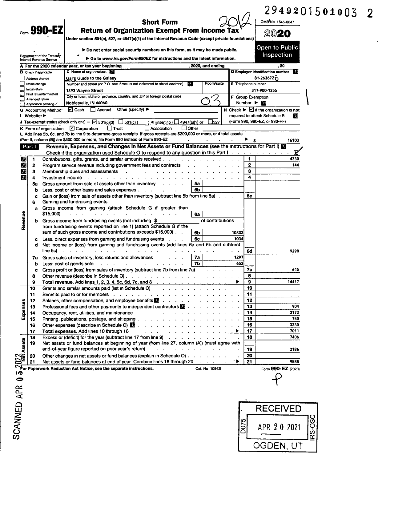 Image of first page of 2020 Form 990EZ for Gals Guide To the Galaxy