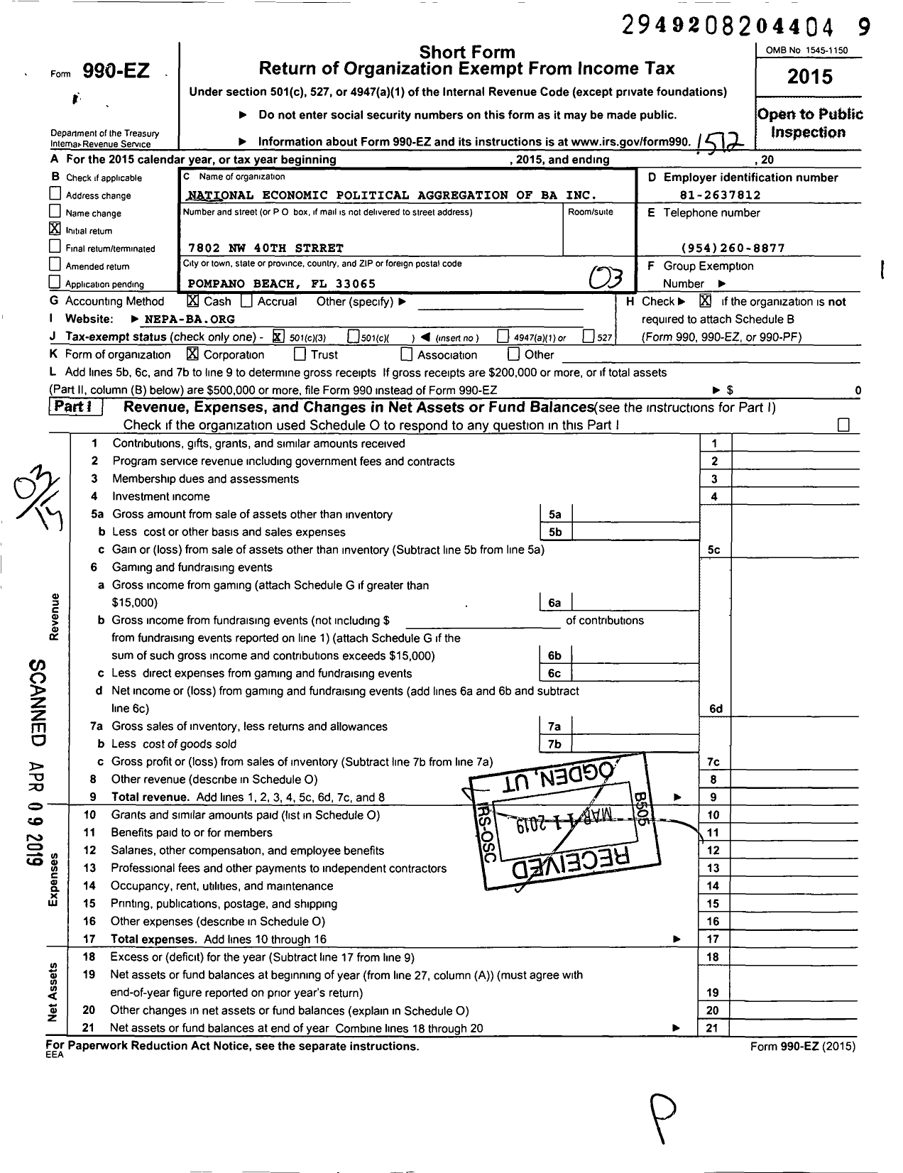 Image of first page of 2015 Form 990EZ for National Economic Political Aggregation of Ba