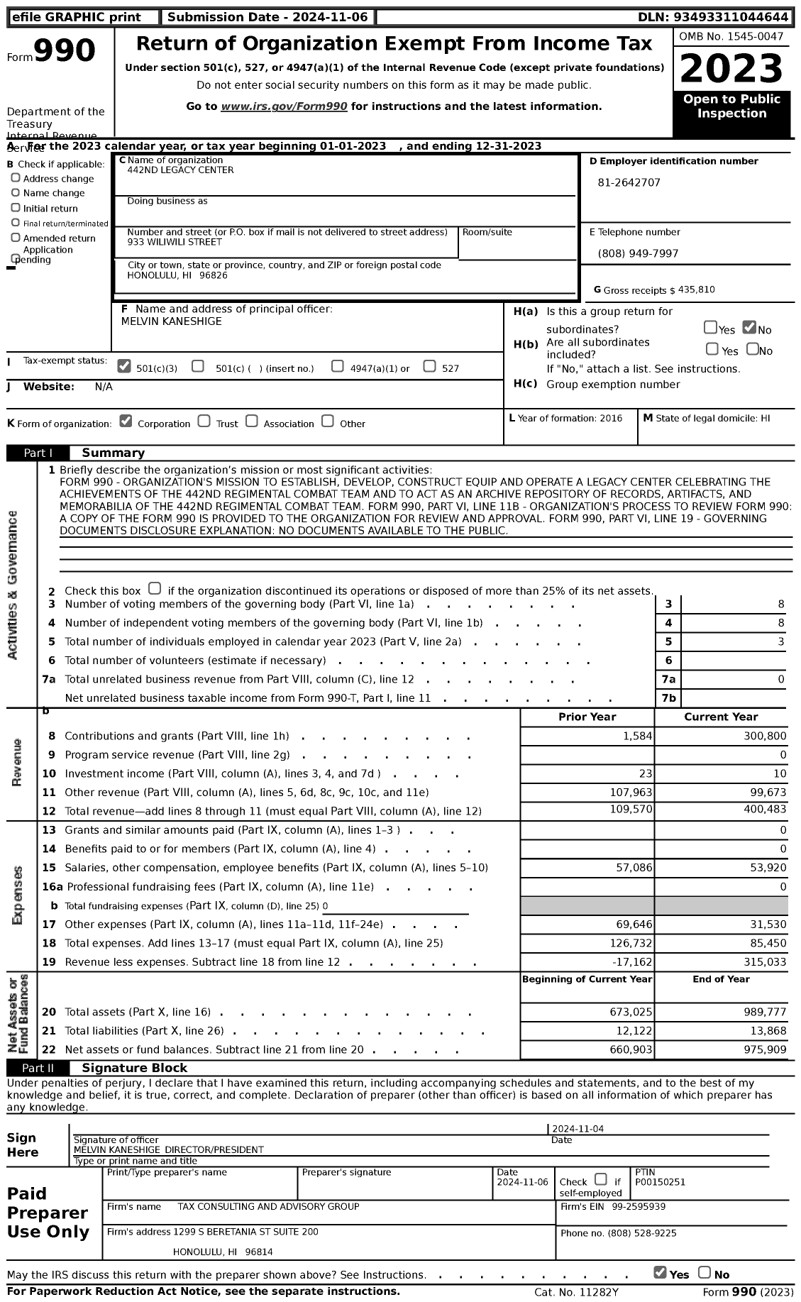 Image of first page of 2023 Form 990 for 442nd Legacy Center
