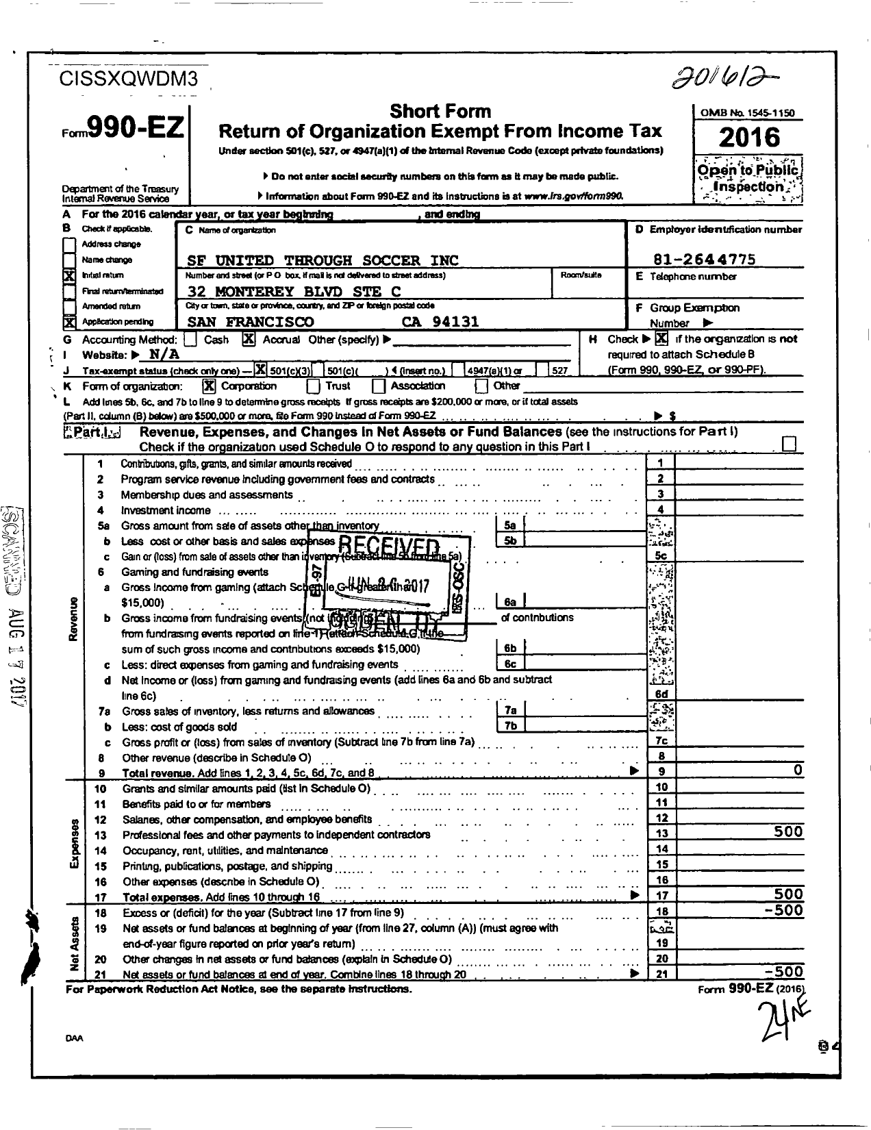 Image of first page of 2016 Form 990EZ for SF United Through Soccer